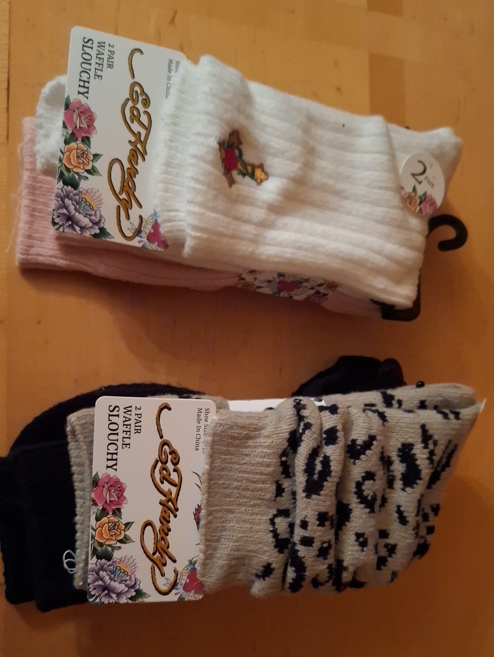 Ed Hardy Waffle Slouchy Sock 4-Pack in White, Pink, Black & Gray